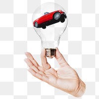 Classic car png sticker, hand holding light bulb in vintage vehicle concept, transparent background