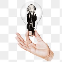 The Scream png sticker, hand holding light bulb, Edvard Munch's famous artwork concept, transparent background, remixed by rawpixel.