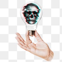 Glitching skull png sticker, hand holding light bulb in human error concept art, transparent background
