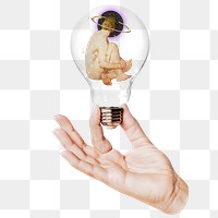 Naked woman png with halo sticker, hand holding light bulb in ethereal concept, transparent background