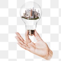 Cityscape png sticker, hand holding light bulb in city concept, transparent background