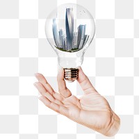 Cityscape png sticker, hand holding light bulb in city concept, transparent background