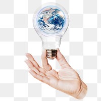 Planet Earth png sticker, hand holding light bulb in environment concept, transparent background