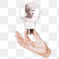 Greek goddess png statue sticker, hand holding light bulb in mythology concept, transparent background