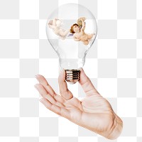 Flying cherubs png sticker, hand holding light bulb in religious concept, transparent background