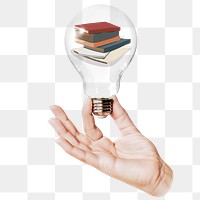 Stacked books png sticker, hand holding light bulb in education concept, transparent background