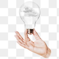 Foggy clouds png sticker, hand holding light bulb in weather concept, transparent background