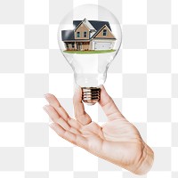 House model png sticker, hand holding light bulb in real estate concept, transparent background