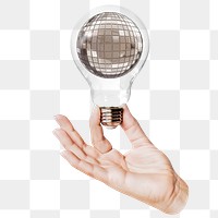 Disco ball png sticker, hand holding light bulb in party, celebration concept, transparent background