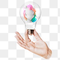 3D unicorn png head sticker, hand holding light bulb in startup business concept, transparent background