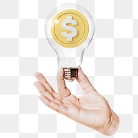 Dollar sign png sticker, hand holding light bulb in currency exchange concept, transparent background