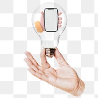 Png 3D hand holding phone sticker, light bulb in social media concept, transparent background
