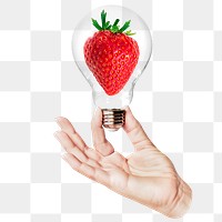 Strawberry fruit png sticker, hand holding light bulb in health & wellness concept, transparent background