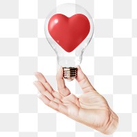 Red heart png sticker, hand holding light bulb in love, health & wellness concept, transparent background