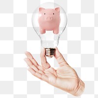 3D piggy bank png sticker, hand holding light bulb in savings, banking concept, transparent background