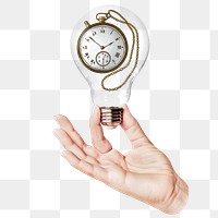 Pocket watch png sticker, hand holding light bulb in time and punctuality concept, transparent background