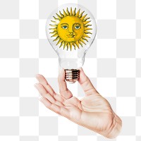 Celestial sun png sticker, hand holding light bulb in whimsical art concept, transparent background