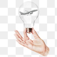 Flying airplane png sticker, hand holding light bulb in travel, transportation, aviation concept, transparent background