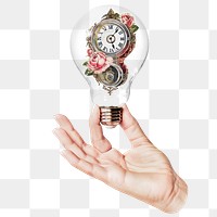 Floral pocket watch png sticker, hand holding light bulb in time concept, transparent background