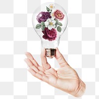 Wild flowers png sticker, hand holding light bulb in Spring concept, transparent background