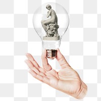 Surprised Nymph png sticker, hand holding light bulb in Greek mythology concept, transparent background