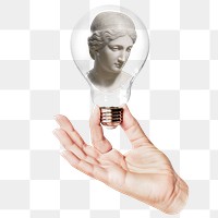 Greek goddess  png statue sticker, hand holding light bulb in mythology concept, transparent background