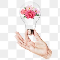 Peony flowers png sticker, hand holding light bulb in Spring concept, transparent background