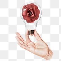 Paper rose png flower sticker, hand holding light bulb in Valentine's concept, transparent background