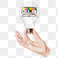 Cassette tape png sticker, hand holding light bulb in retro music concept, transparent background