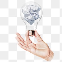 Crumpled paper png sticker, hand holding light bulb in writer's block concept, transparent background