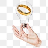 Wedding ring png sticker, hand holding light bulb in marriage concept, transparent background