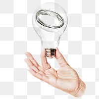 Wedding ring png sticker, hand holding light bulb in marriage concept, transparent background