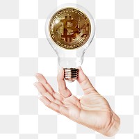 Gold bitcoin png sticker, hand holding light bulb in cryptocurrency, finance concept, transparent background