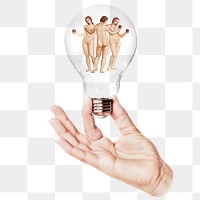 Three Graces png sticker, painting by Peter Paul Rubens and Raphael with hand holding light bulb transparent background, remixed by rawpixel.