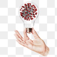 COVID-19 ultrastructure png sticker, hand holding light bulb in health and wellness concept, transparent background