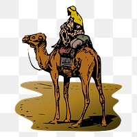 Camel rider png sticker, vintage animal illustration on transparent background. Free public domain CC0 image.