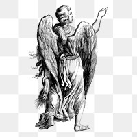 Angel png pointing finger sticker, vintage mythical creature illustration on transparent background. Free public domain CC0 image.