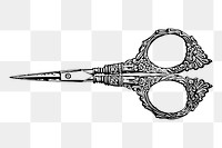 Ornate scissors png sticker, vintage stationery illustration on transparent background. Free public domain CC0 image.