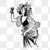 Woman drinking wine png sticker, vintage illustration on transparent background. Free public domain CC0 image.