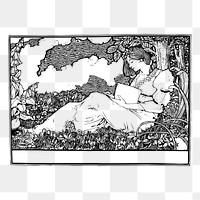 Woman png reading in garden sticker, vintage hobby illustration on transparent background. Free public domain CC0 image.