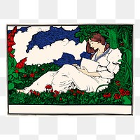 Woman png reading in garden sticker, vintage hobby illustration on transparent background. Free public domain CC0 image.