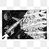 Spaceship flying png sticker, vintage galaxy illustration on transparent background. Free public domain CC0 image.