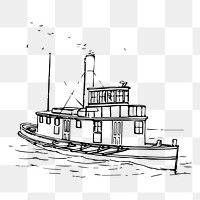 Tugboat png sticker black and white illustration, transparent background. Free public domain CC0 image.