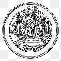 Ship badge png sticker antique adventure illustration, transparent background. Free public domain CC0 image.