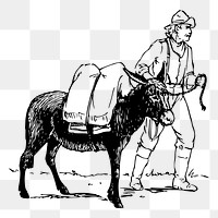 Png man and donkey sticker illustration, transparent background. Free public domain CC0 image.