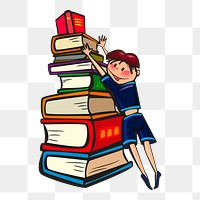 Png girl reaching for book sticker, cartoon illustration on transparent background. Free public domain CC0 image.