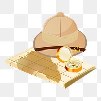 Adventure kit png sticker, map, compass, hat illustration on transparent background. Free public domain CC0 image.