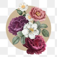 French rose png badge sticker, vintage flower illustration in circle badge, transparent background