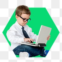 Png kid using laptop badge sticker, technology photo in hexagon badge, transparent background