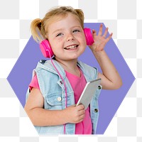 Png little girl enjoying music badge sticker, hobby photo in hexagon badge, transparent background